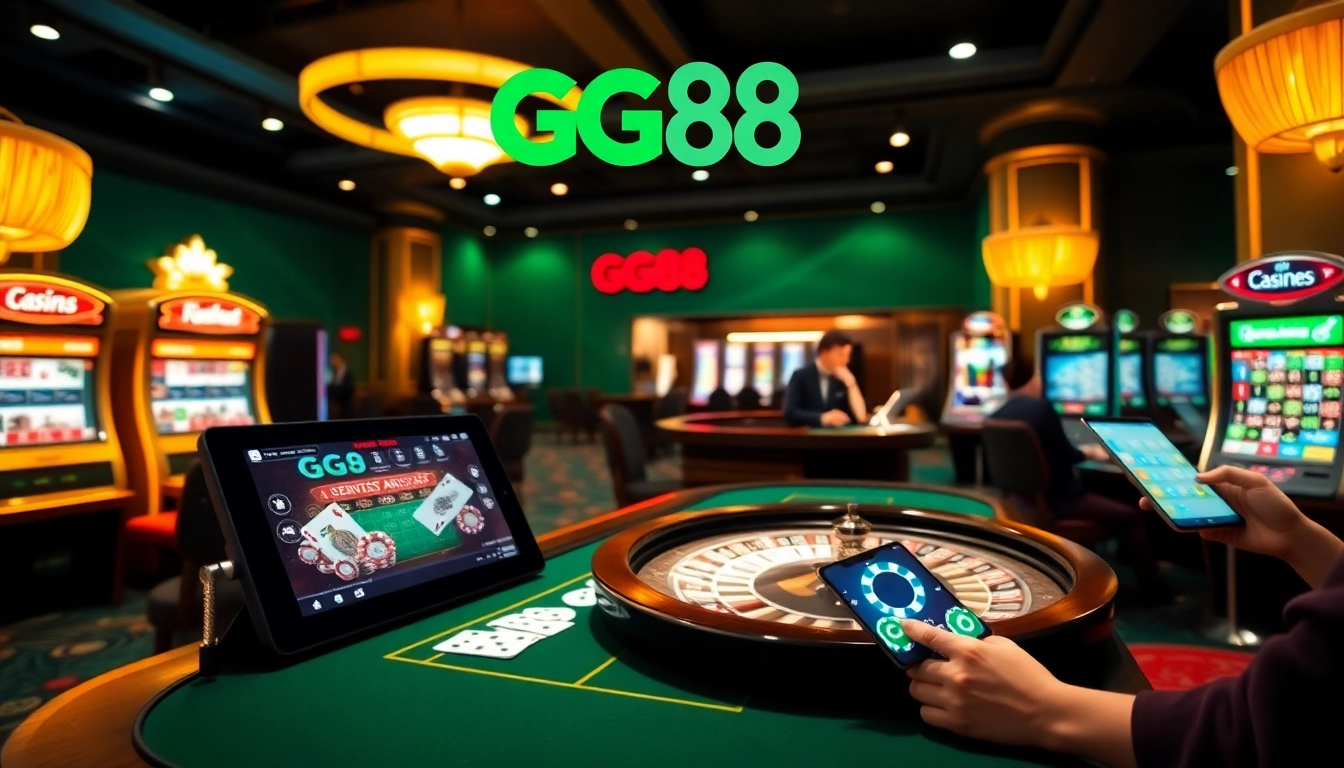 Engaging players at GG88 with poker chips and vibrant slot machines in a luxurious casino setting.