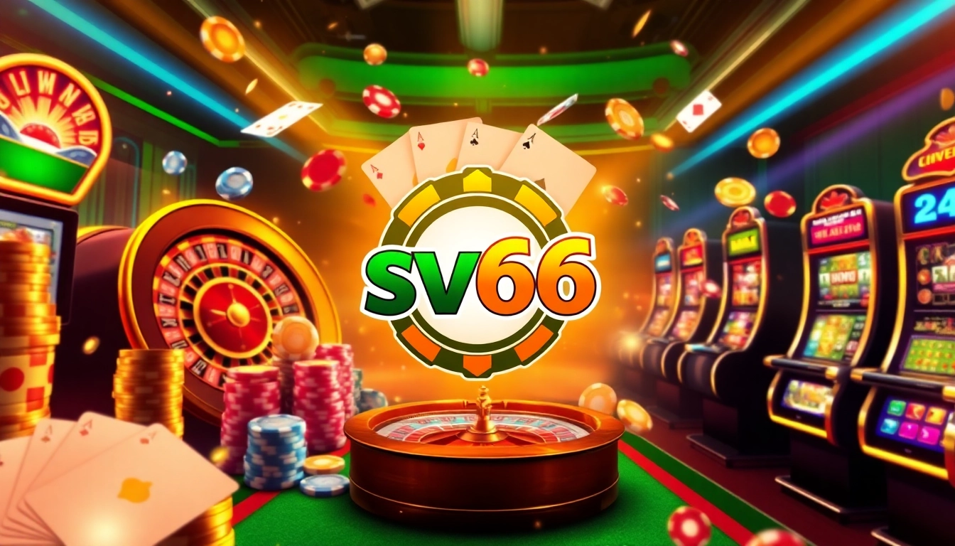 Experience the thrill of gambling with nhà cái sv66; vibrant online casino graphics featuring slot machines and poker chips.