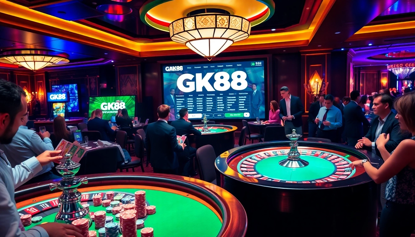 Players engaging in a thrilling poker game while the GK88 online betting platform shines in the background.
