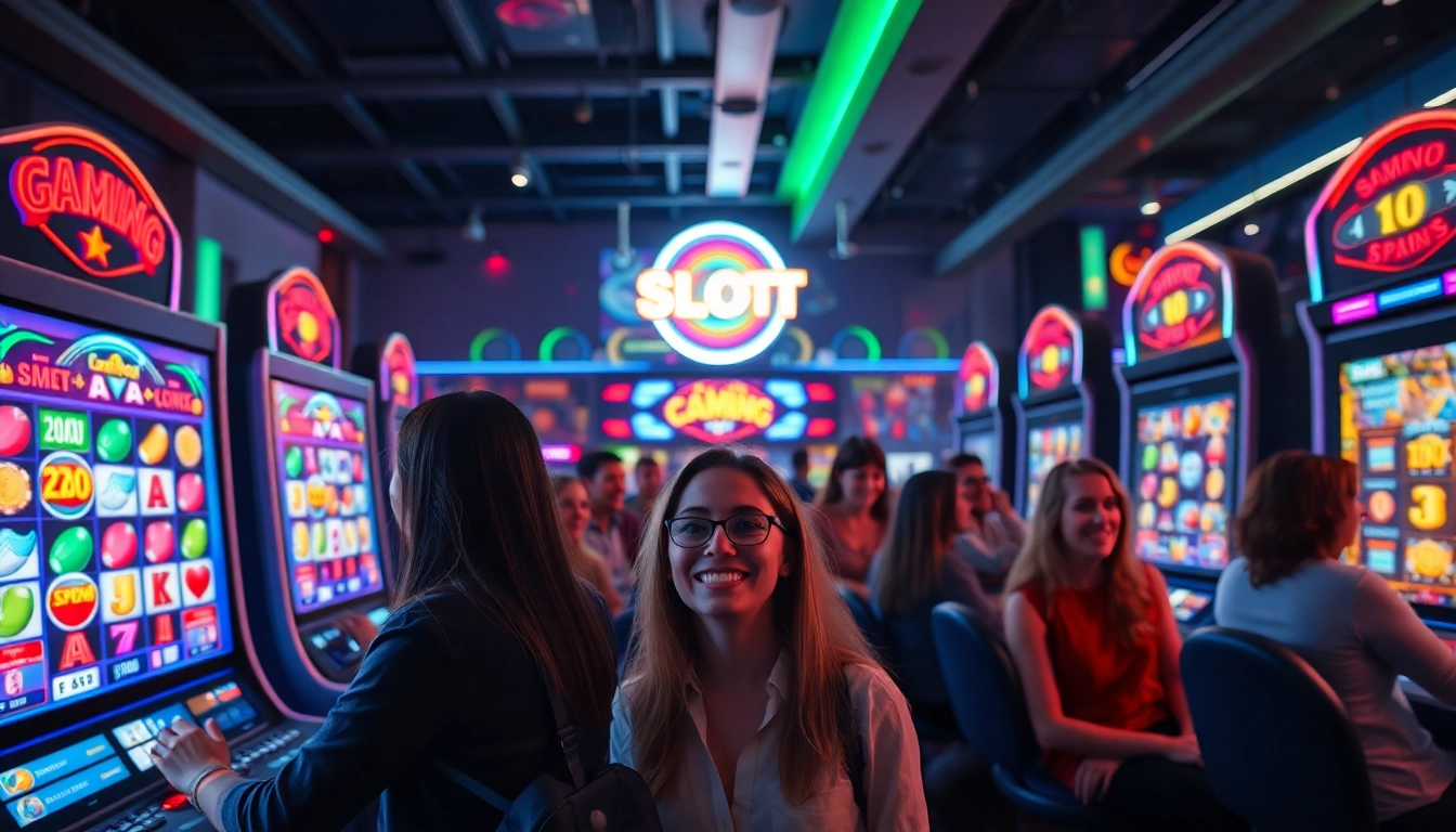 Kode4d link: Exciting online gaming lounge showcasing diverse players enjoying vibrant slot machines