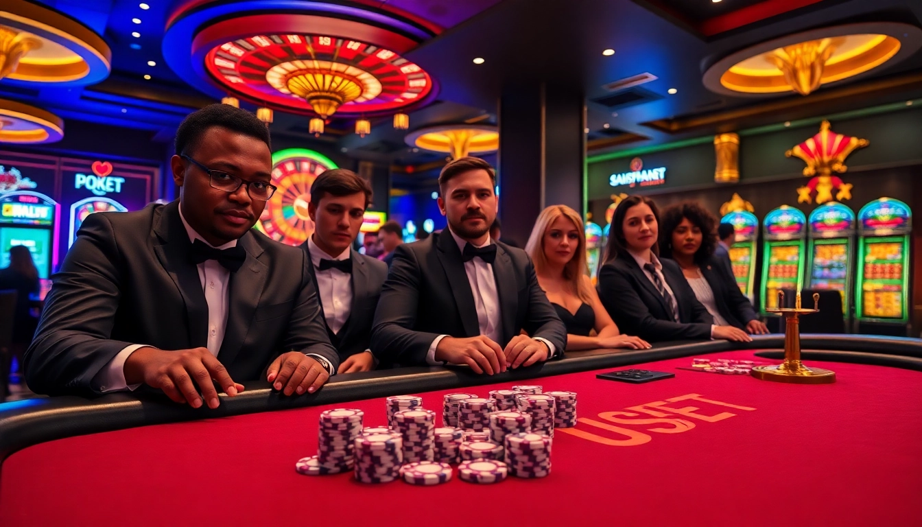 Engage in high-stakes action at USBET's luxurious poker table with vibrant slots and roulette.