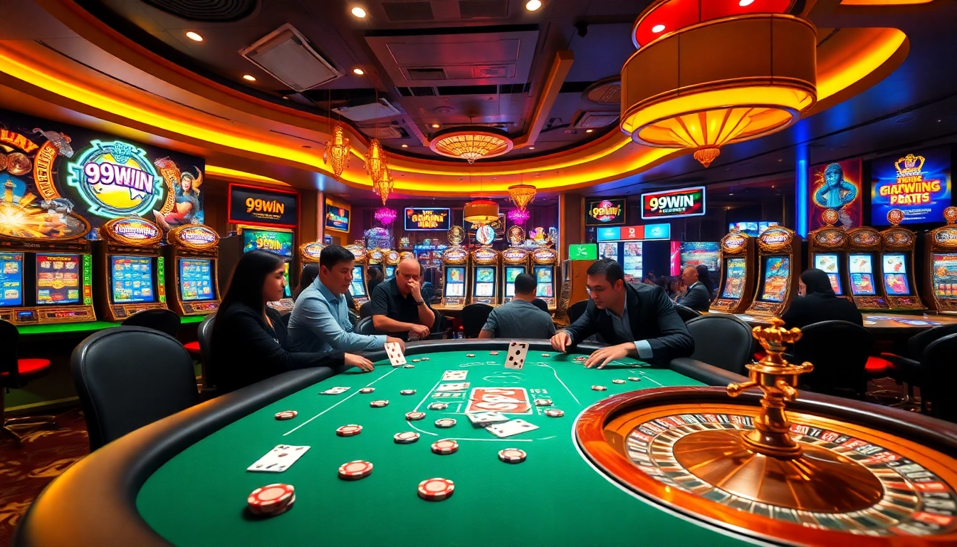 Gamblers engaged at a 99win poker table with vibrant slot machines in a luxurious casino.
