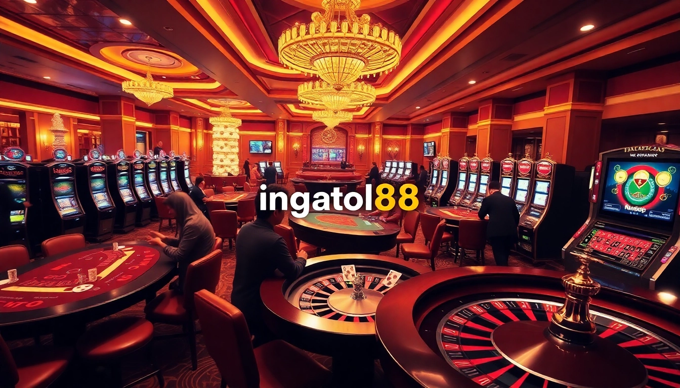 Exciting ingatbola88 casino scene with poker tables and vibrant gaming atmosphere.