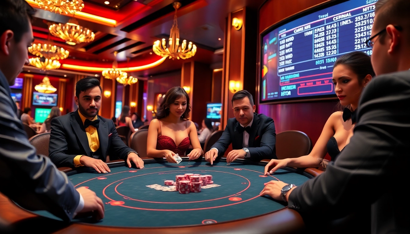 KJC poker players engage in a thrilling high-stakes game at a glamorous casino table.