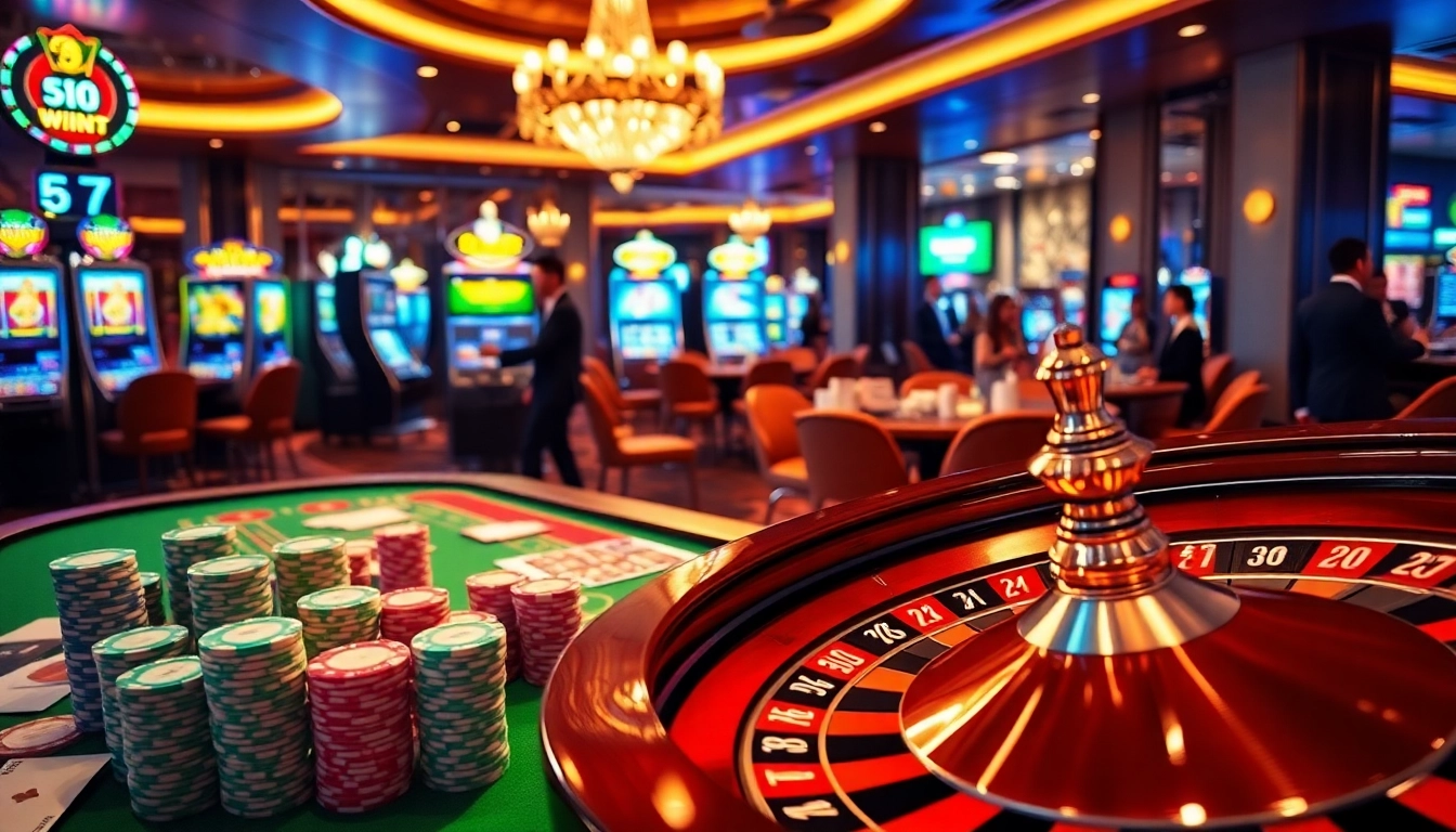 Hello88 casino scene showcasing poker chips and a roulette wheel in an exciting gambling environment.