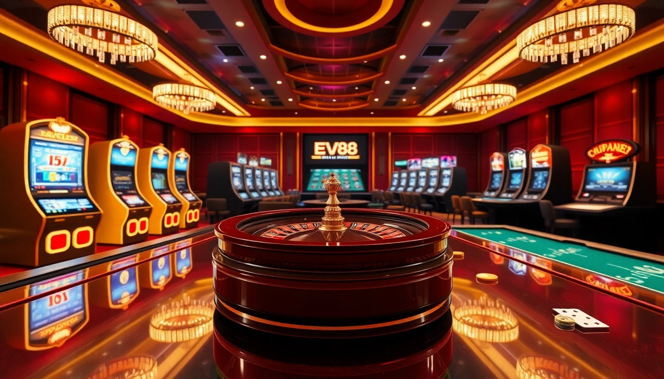 Engaging EV88 đăng nhập experience in a luxurious casino setting with roulette tables and slot machines.