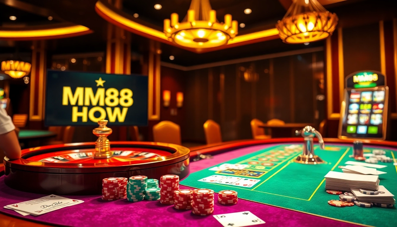 Engaging players at the MM88 HOW casino table with vibrant colors and exciting games in a luxurious setting.