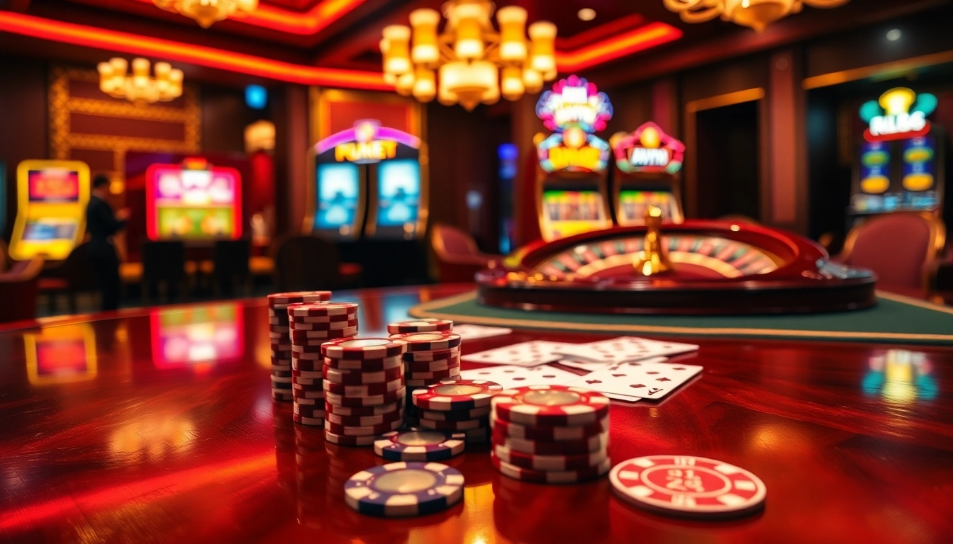 Experience the thrill of gaming at Trang Chủ RR88 with vibrant casino tables and neon lights.