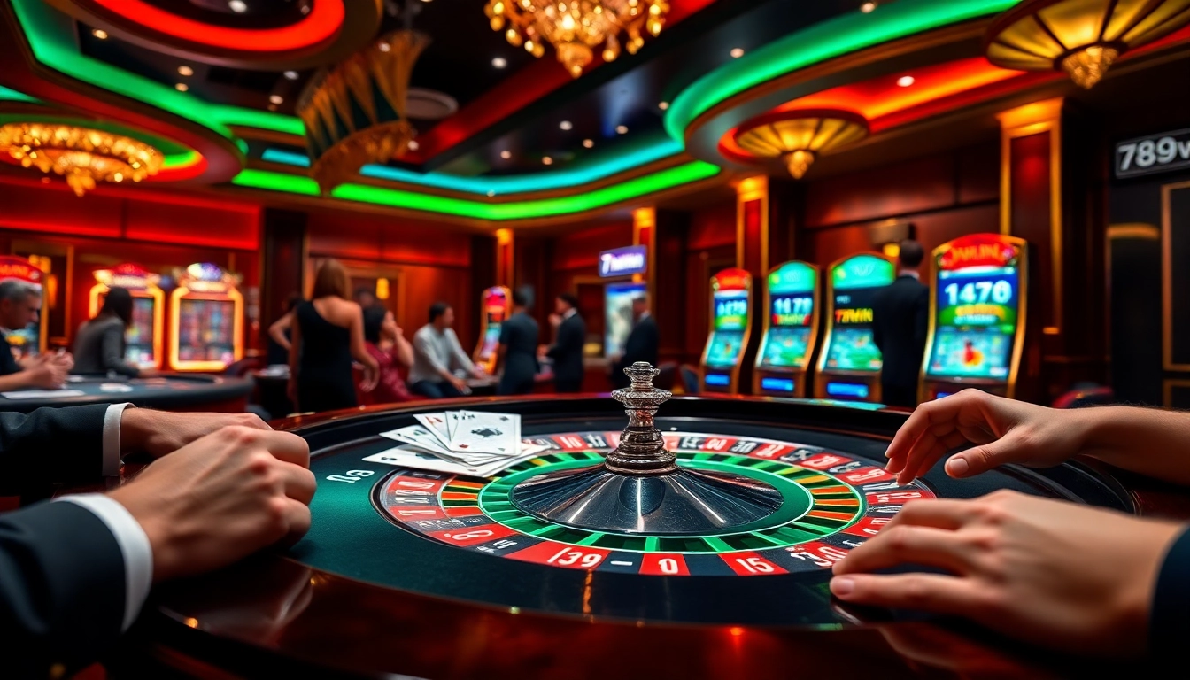 Exciting casino scene with players engaging in roulette and digital displays of 789win.com.
