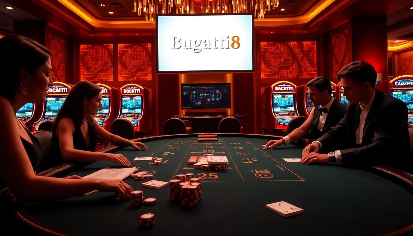 Players engaging at a Baccarat table in a luxury casino environment featuring Bugatti8 branding.