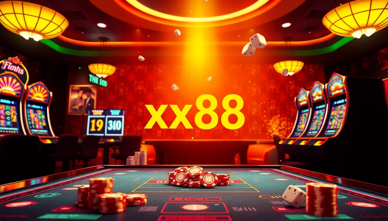 Players enjoying a thrilling game at xx88 casino with vibrant slot machines and poker chips.