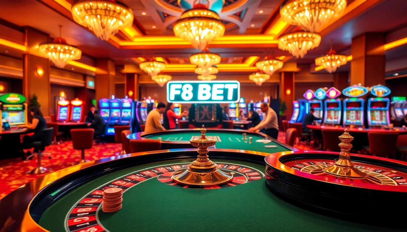 Experience excitement at F8BET with engaging players, roulette tables, and vibrant slot machines.