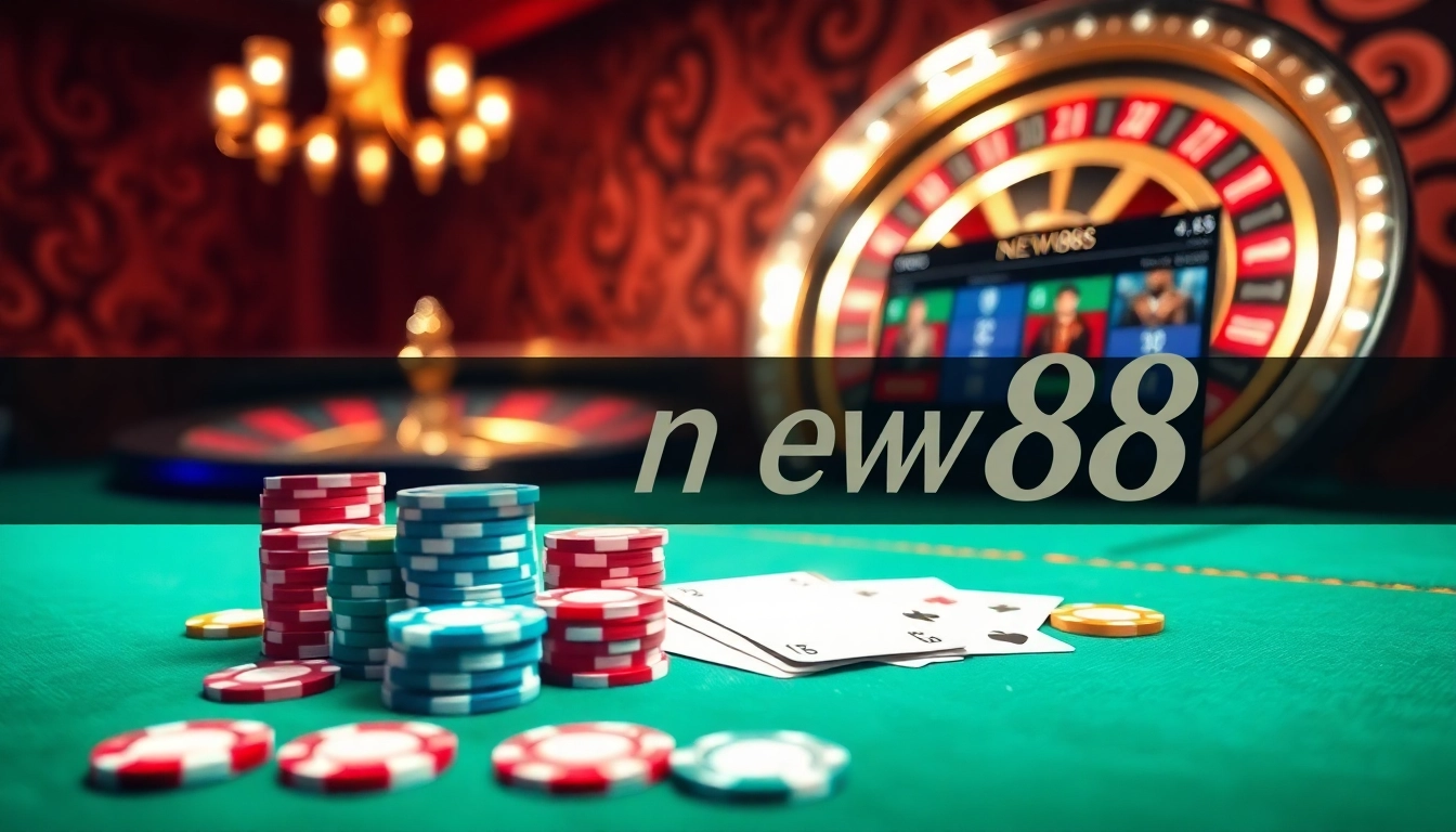 Experience high-stakes betting at new88 with vibrant casino elements like roulette wheels and poker chips.