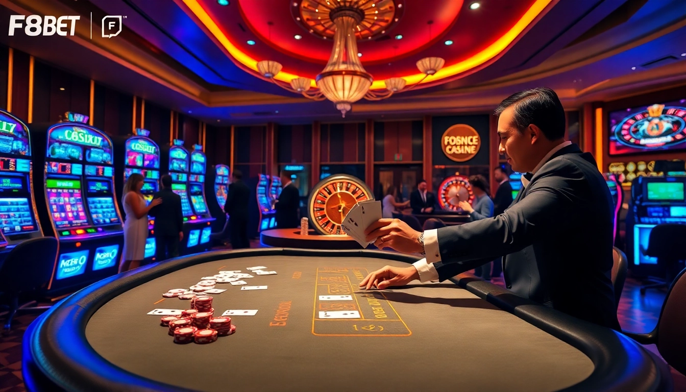 High-stakes poker action at F8BET with vibrant slot machines and roulette wheel.
