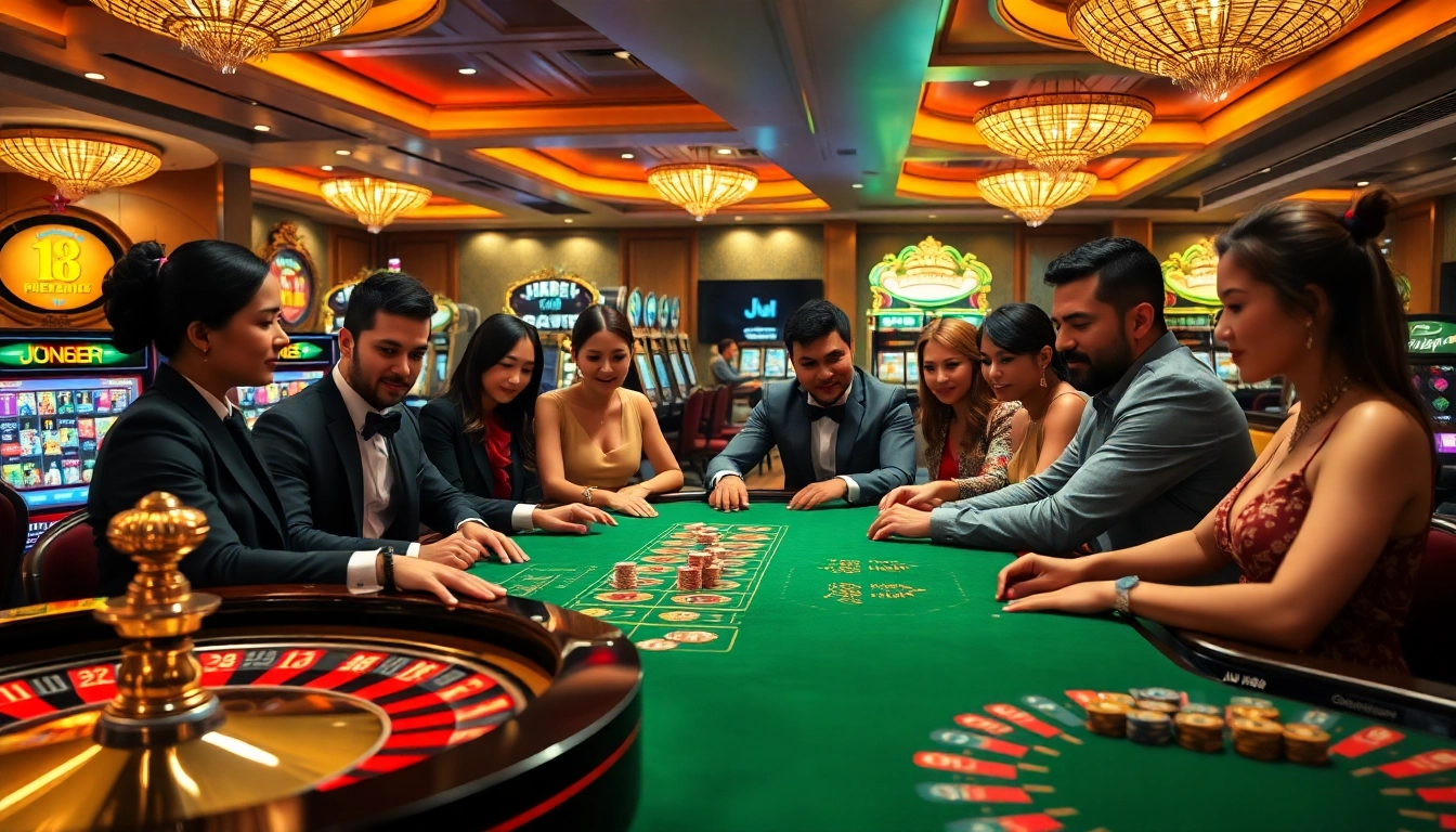 Engage in thrilling casino games at Jun88, featuring poker chips and roulette tables in a vibrant setting.