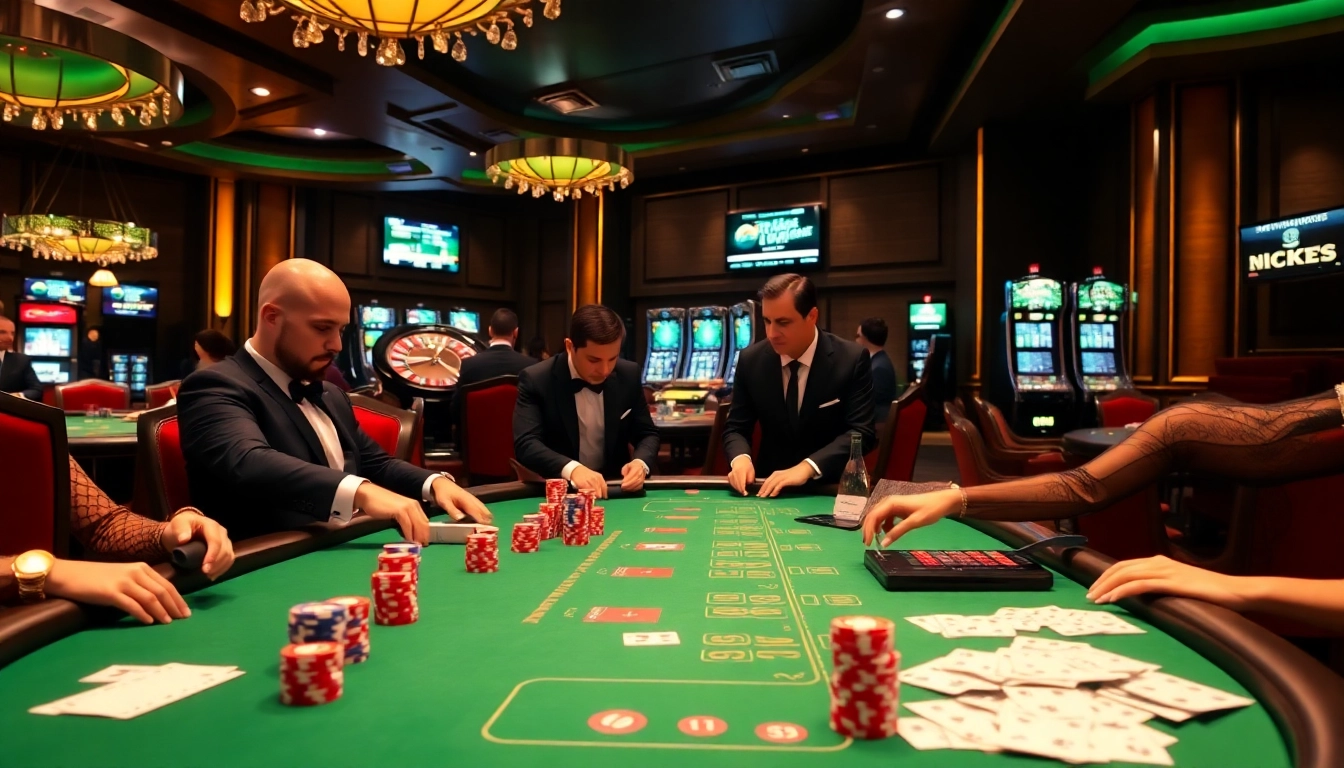 Players enjoying blackjack at a luxurious casino table showcasing https://mm88.london/ with vibrant poker chips.