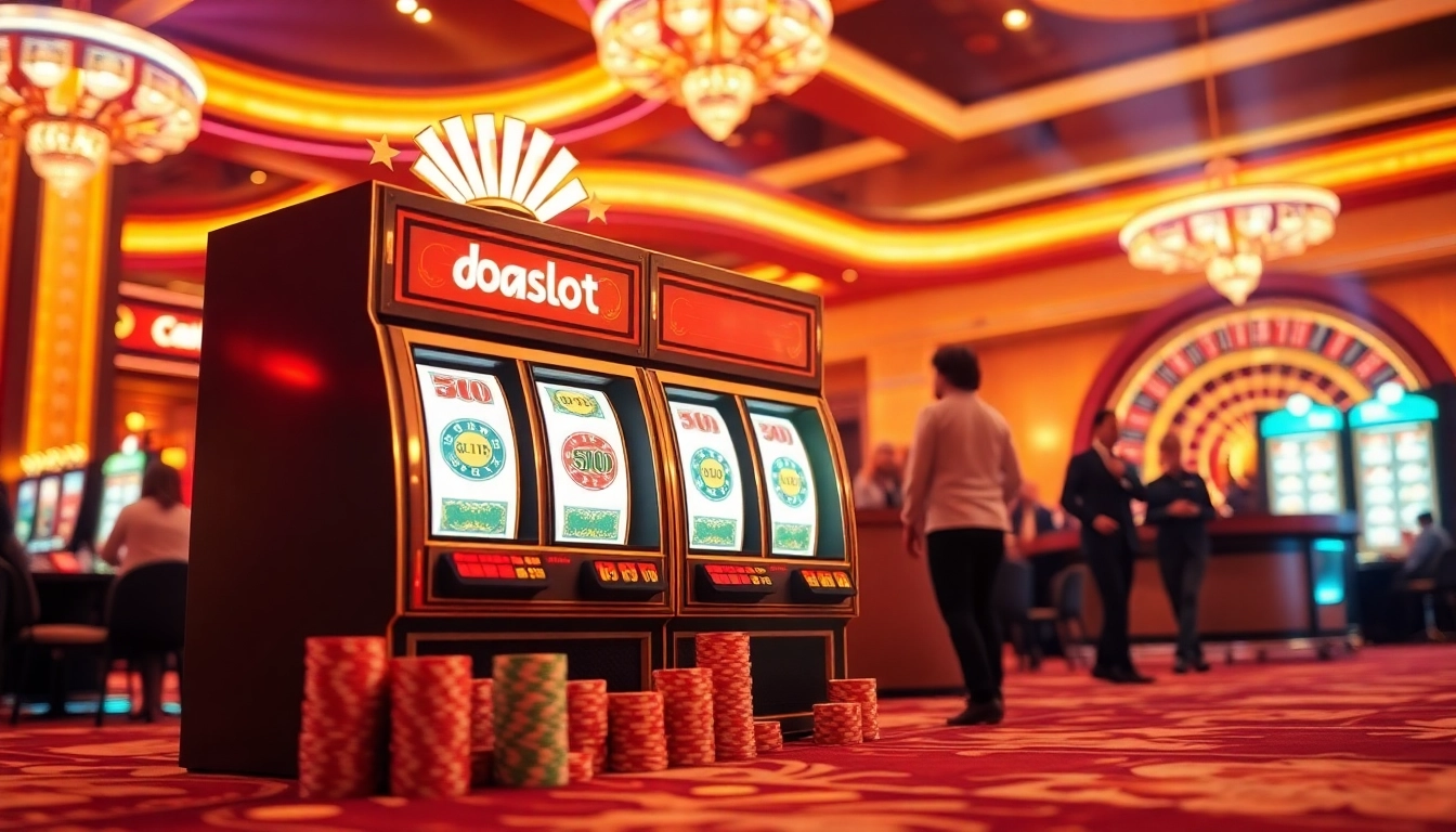 Players enjoying the doaslot slot machine surrounded by vibrant casino elements.