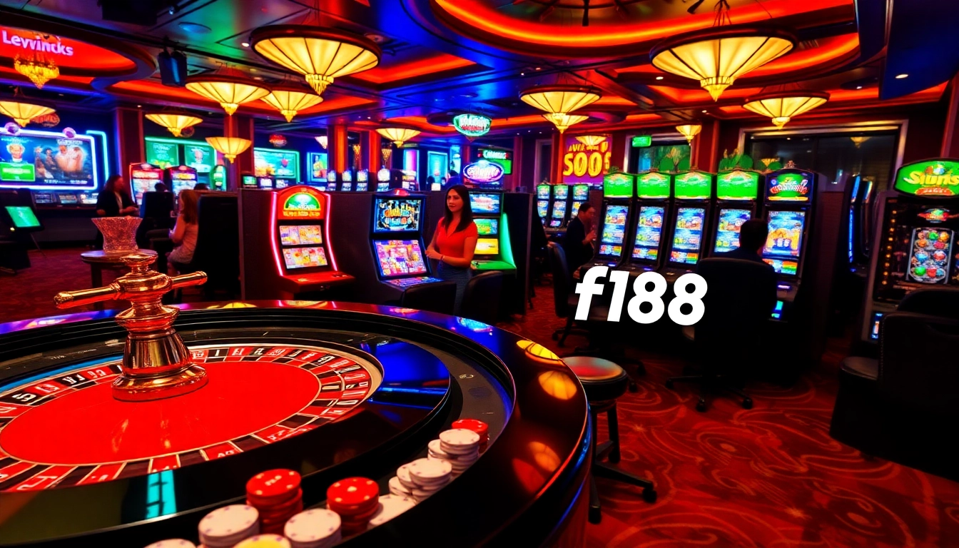 Players engaging in thrilling casino games at f168, surrounded by bright slot machines and roulette tables.