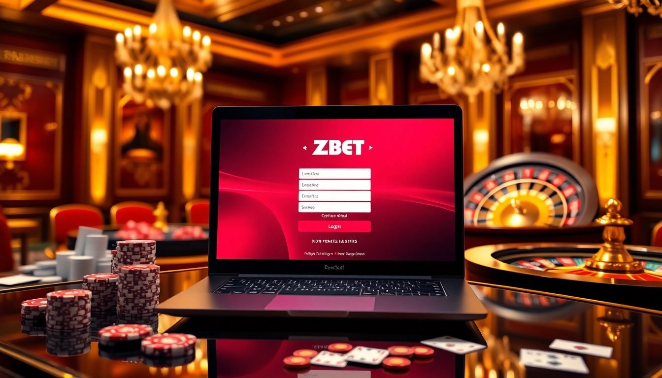 Zbet đăng nhập interface displayed on a gaming laptop amidst an exciting casino environment.
