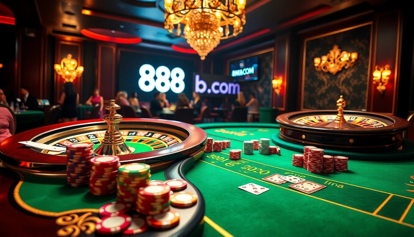 Engage in high-stakes gambling at 888b. com featuring a luxurious poker table with vibrant chips and cards.