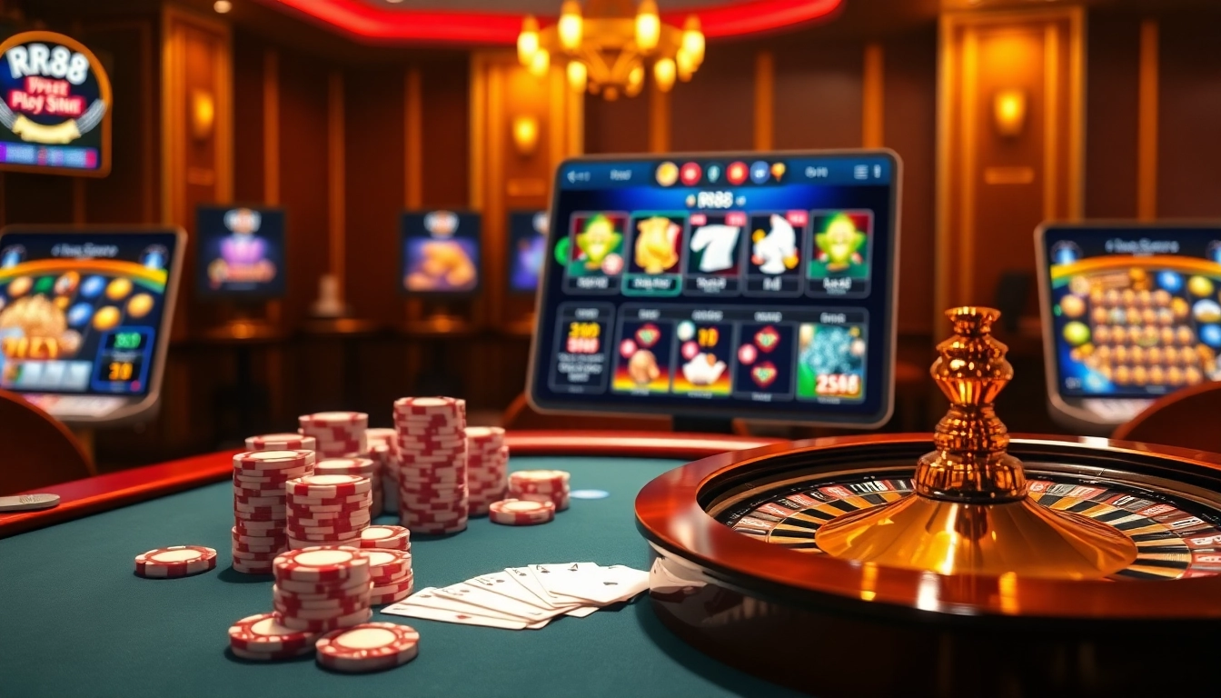 Experience the thrilling atmosphere of rr88 with vibrant poker chips and casino tables in an elegant online setting.