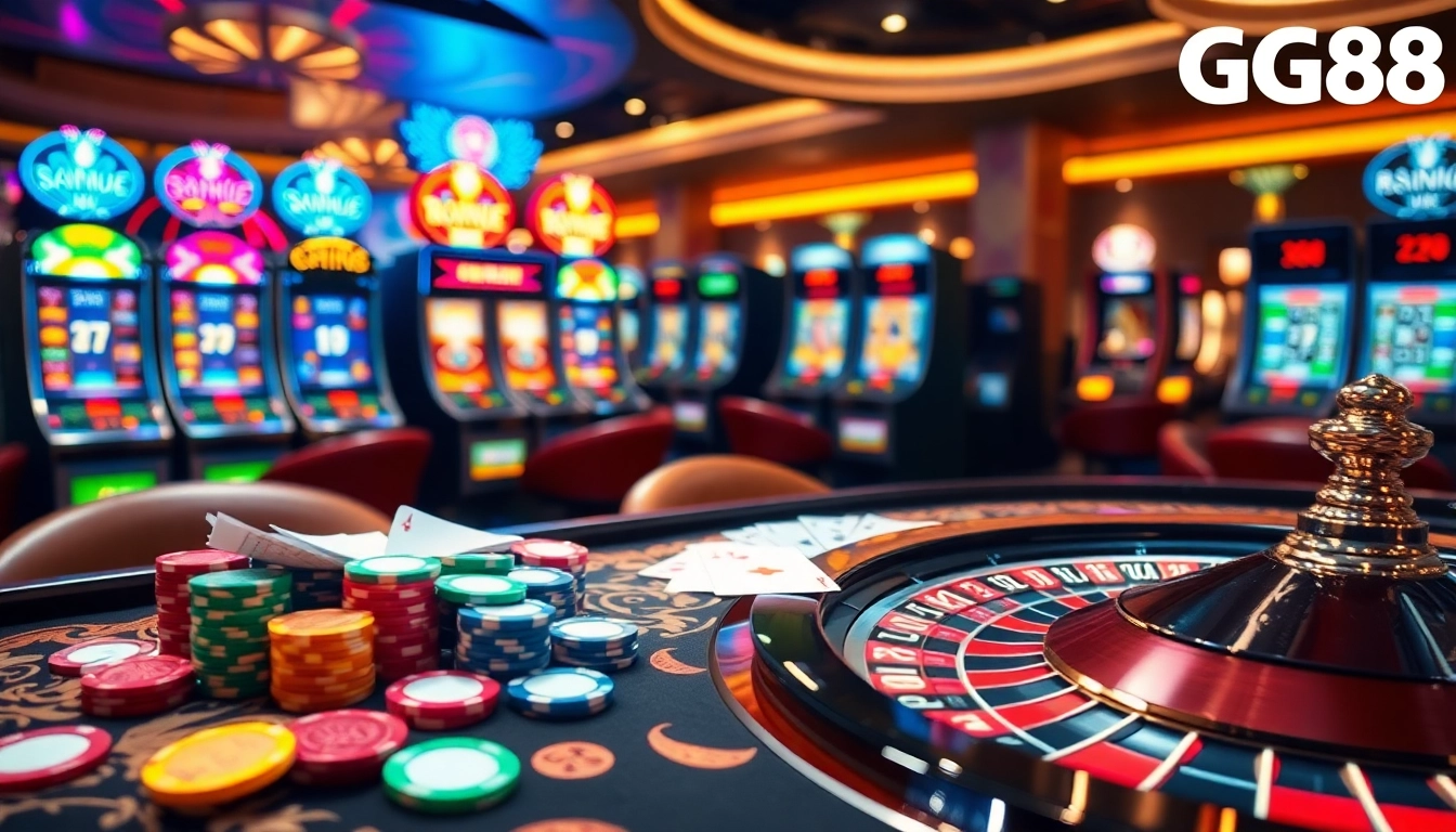 Experience the vibrant excitement of online gambling at GG88 with colorful chips and a dazzling roulette wheel
