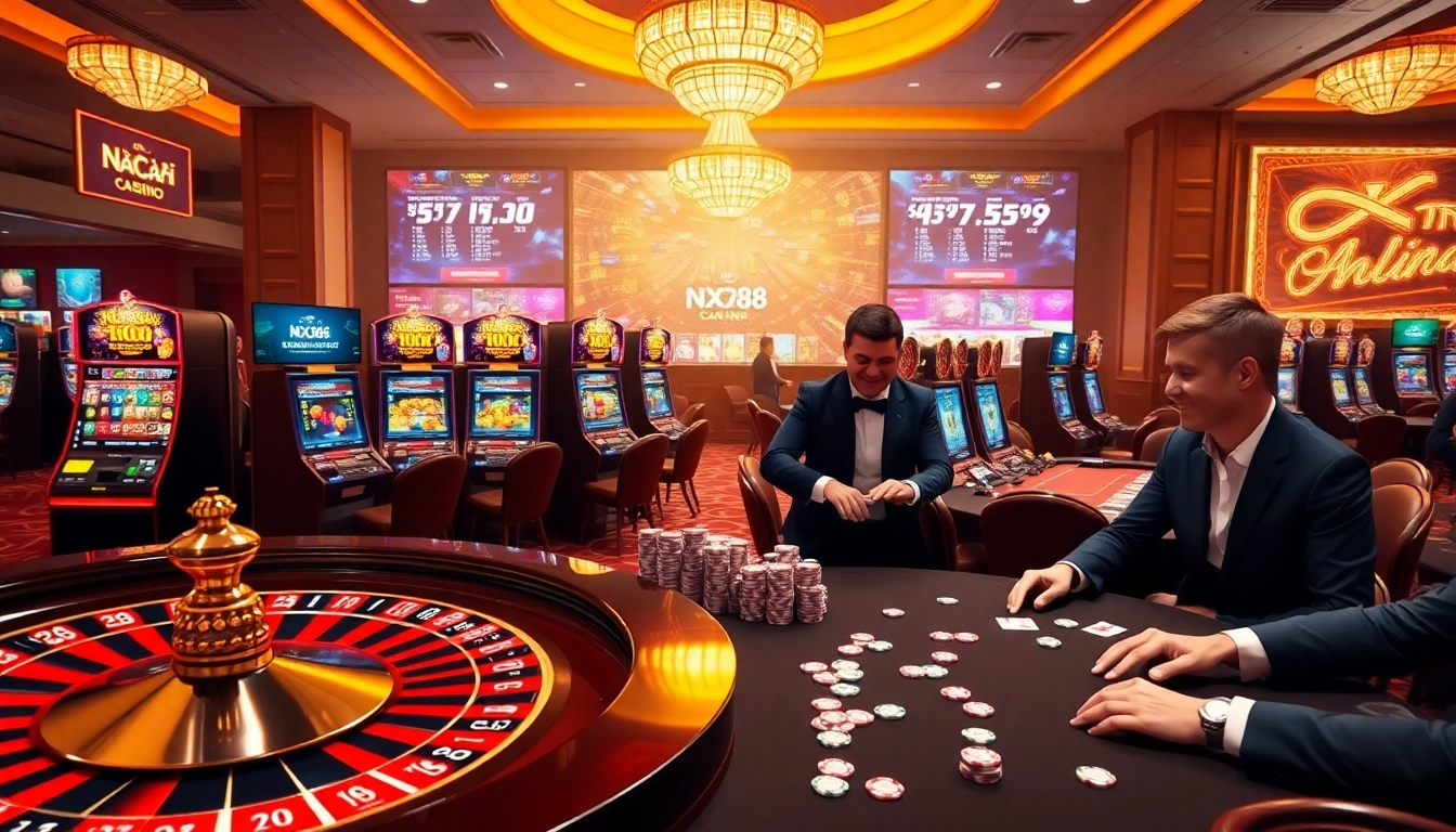 Players enjoying thrilling games at Nhà cái xx88, featuring roulette and slots in a luxurious casino atmosphere.