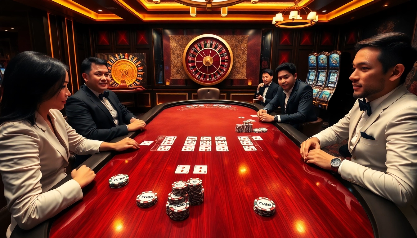 Experience the thrill of high-stakes gambling at TG88 casino with elegant tables and excited players.