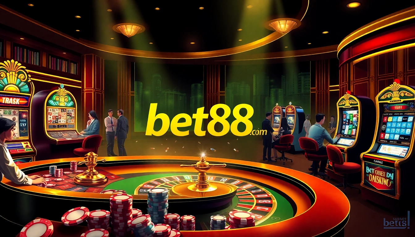 Experience thrilling gameplay at bet88.com with vibrant casino visuals showcasing roulette and slot machines.