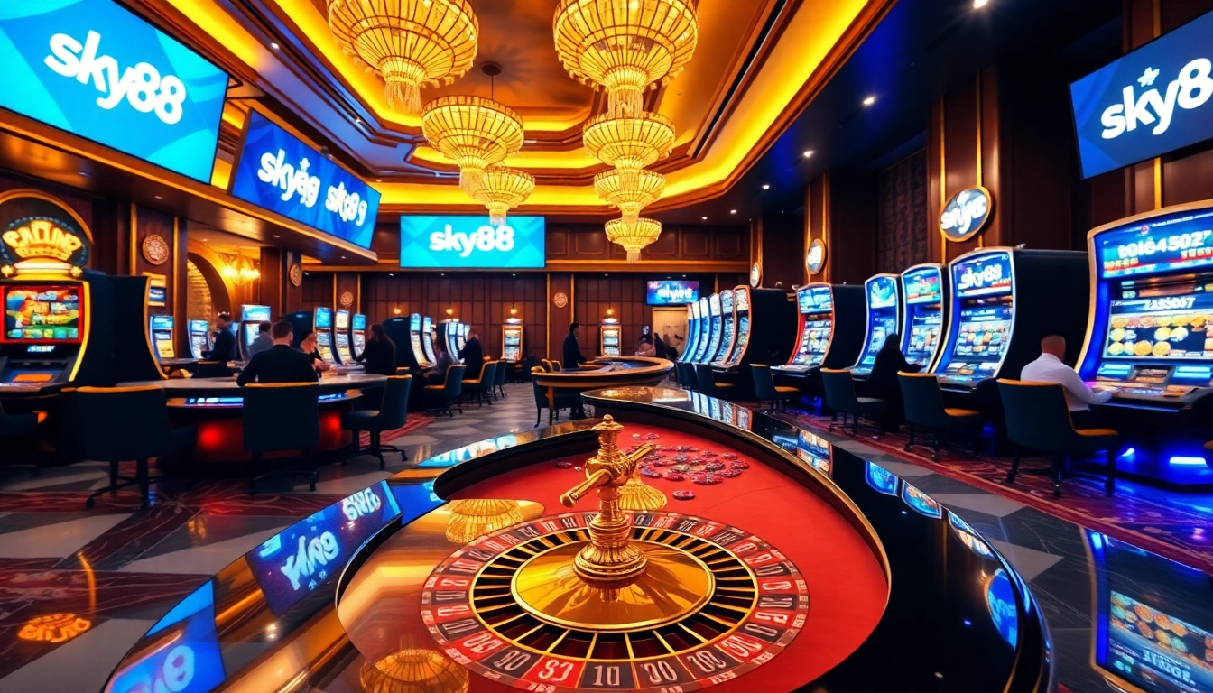 Engaging gameplay at nhà cái sky88 with vibrant casino elements and luxurious slot machines.