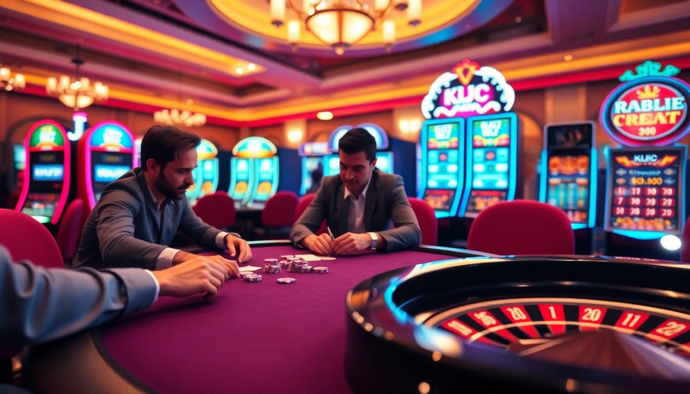 KJC-branded poker chips enhancing the excitement at a vibrant casino poker table.