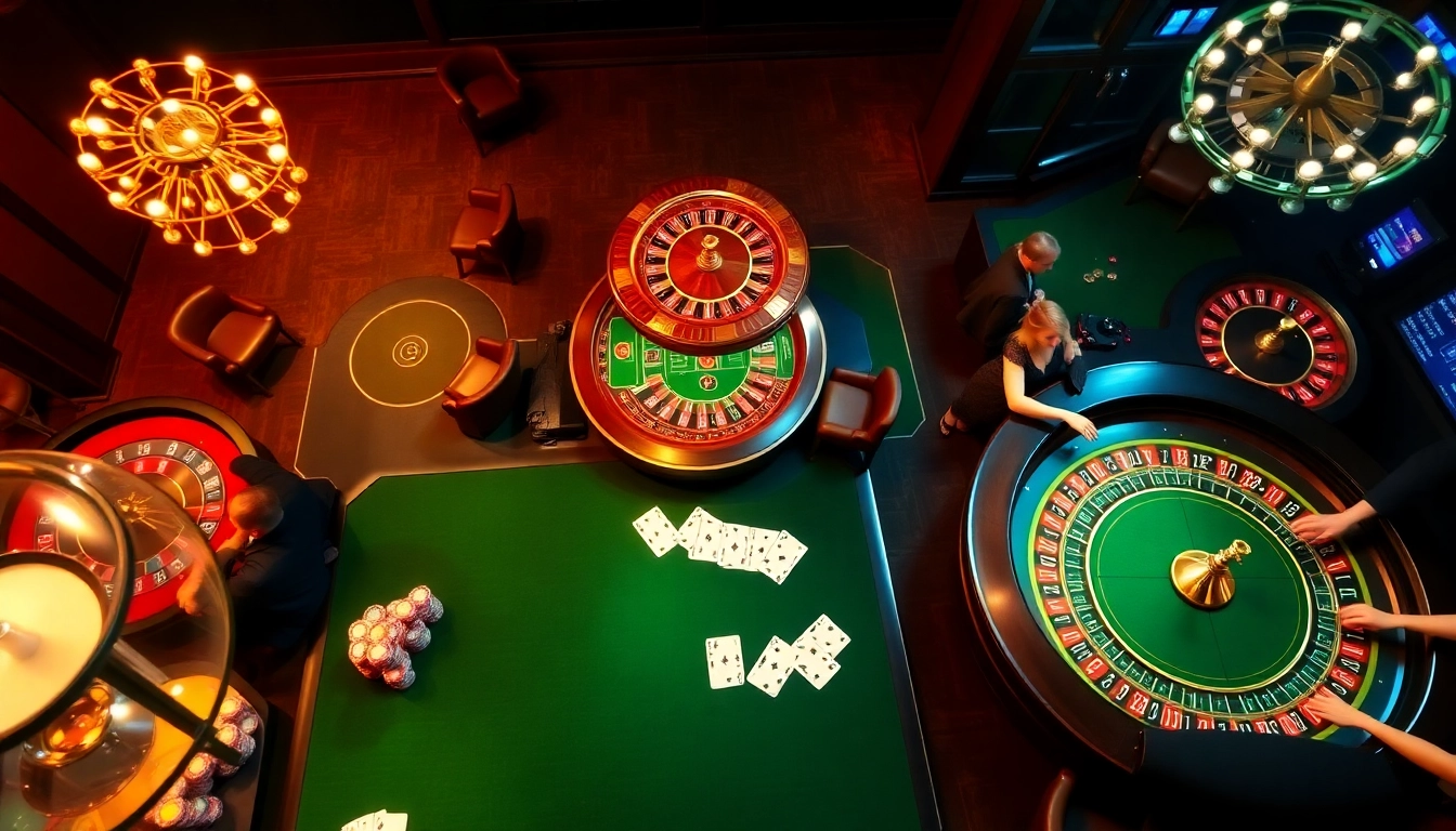 Engaging casino scene featuring RAJABARONG, with vibrant tables, poker chips, and roulette wheels.