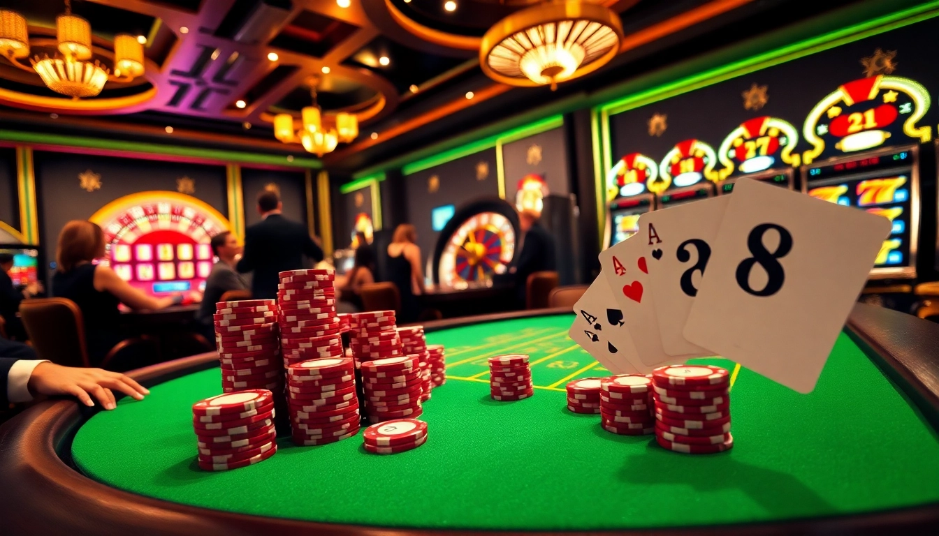Exciting casino atmosphere showcasing poker and slot machines with s8 elements.