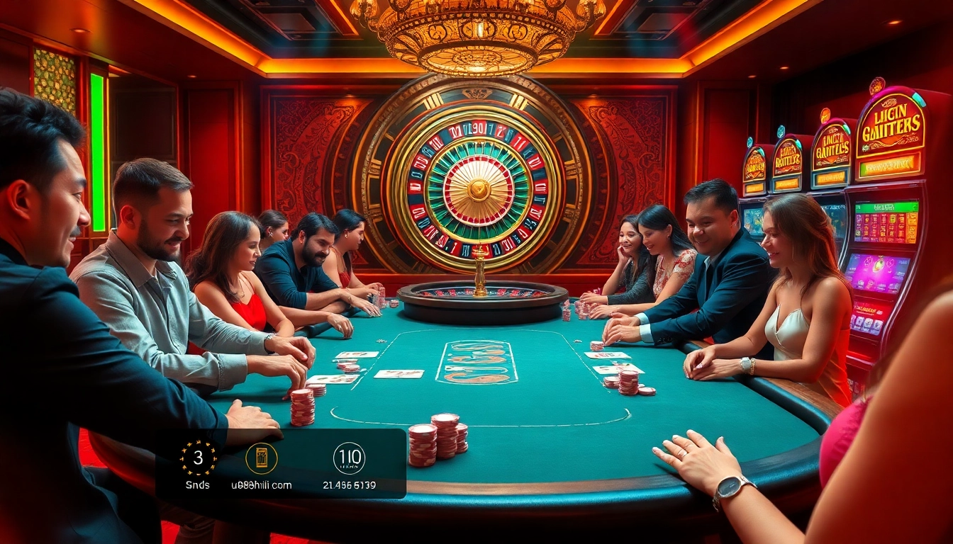 Excited players enjoying poker with vibrant settings at https://u888hii.com/ showcasing casino luxury.