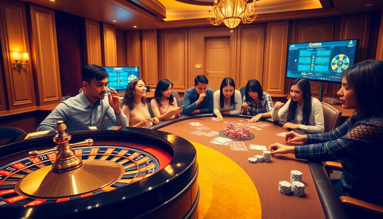 Casino gaming scene illustrating Nhà cái OK365 with roulette wheel, poker table, and excited players.