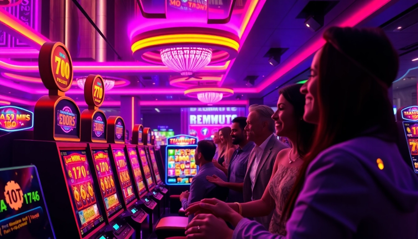 Exciting scene of players celebrating wins at hoki138 online slot machines in a vibrant digital casino.