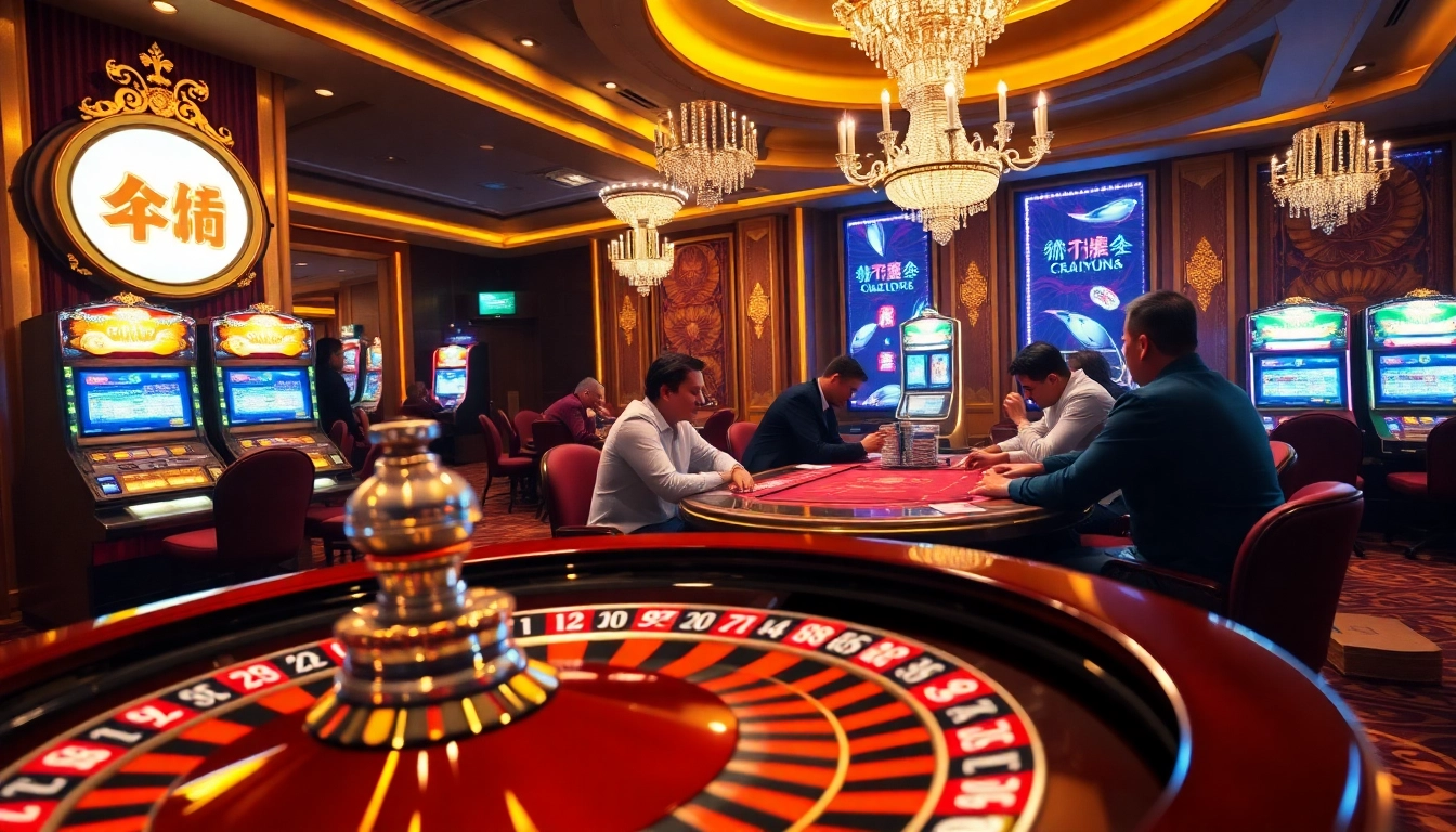 Experience excitement at the casino with 상품권소액결제, featuring players at a poker table and spinning roulette wheel.