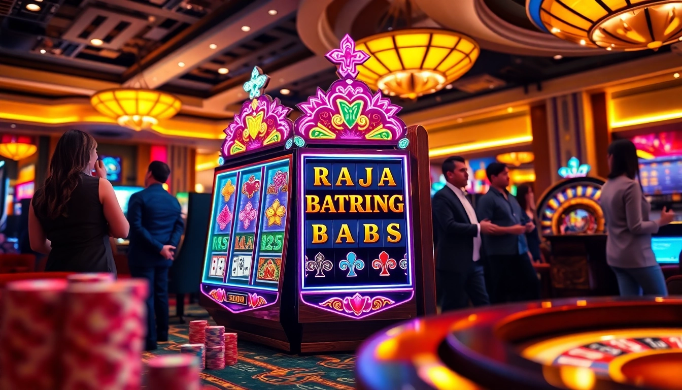 Excited players engaging with the raja barong slot machine in a vibrant casino atmosphere filled with poker chips and cards.