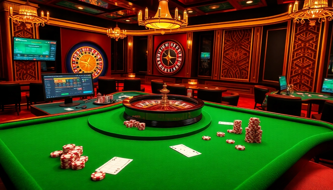 Hello88 casino table scene with roulette wheel, poker chips, and online gambling screens.