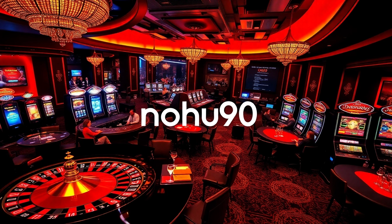 Nohu90 showcases an exciting casino scene filled with vibrant gaming tables and slot machines.