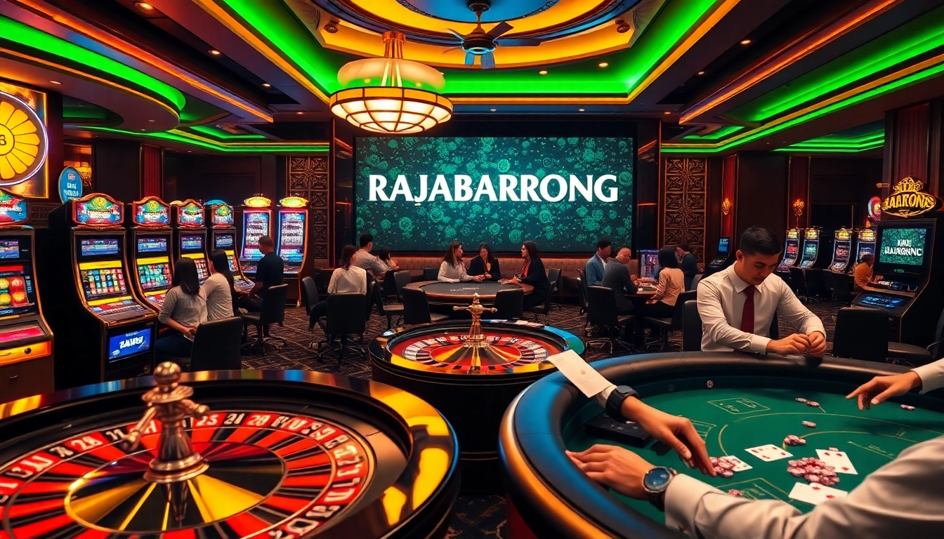 RAJABARONG showcasing an exciting casino scene with roulette tables and engaging slot machines.
