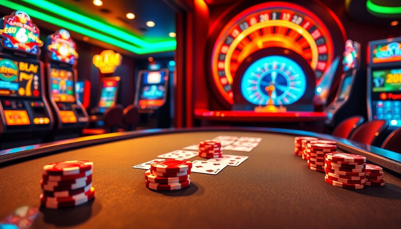 A dynamic gaming scene showcasing safe online gambling at https://123win.free/, featuring poker chips and a roulette wheel.