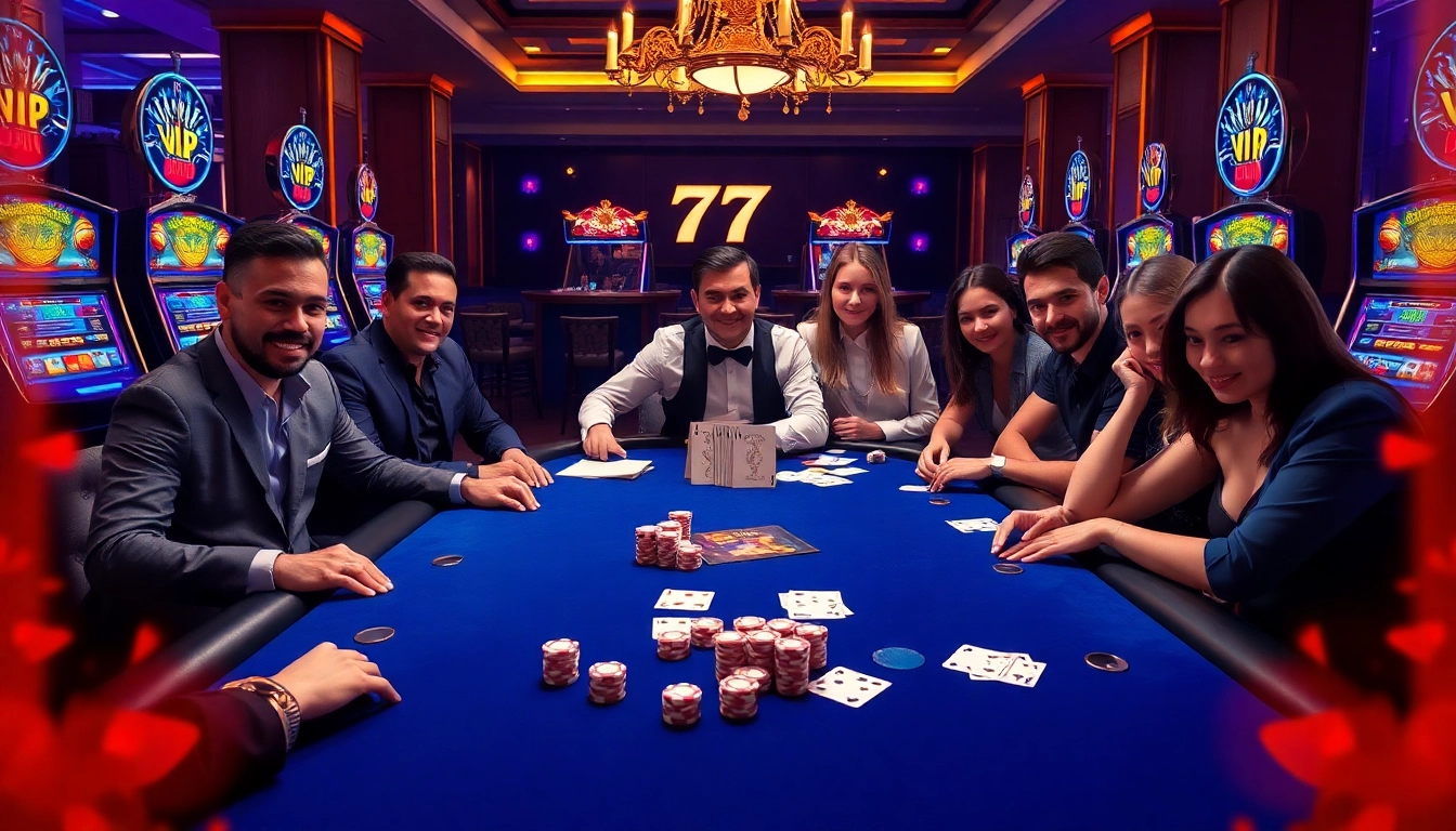 Experience the thrill of 777VIP at an elegant poker table filled with excited players and luxurious casino props.