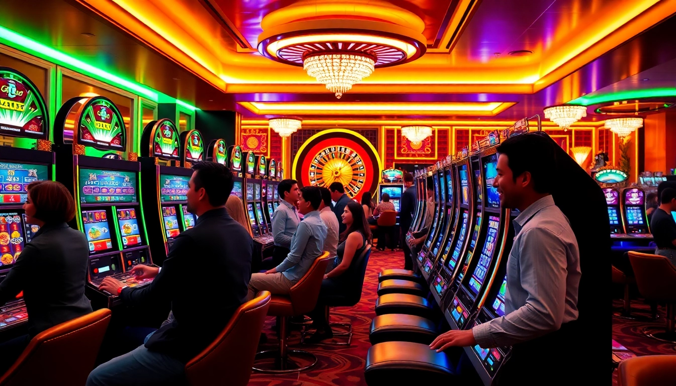 Exciting slot community scene with players enjoying vibrant slot machines in a luxurious casino setting.