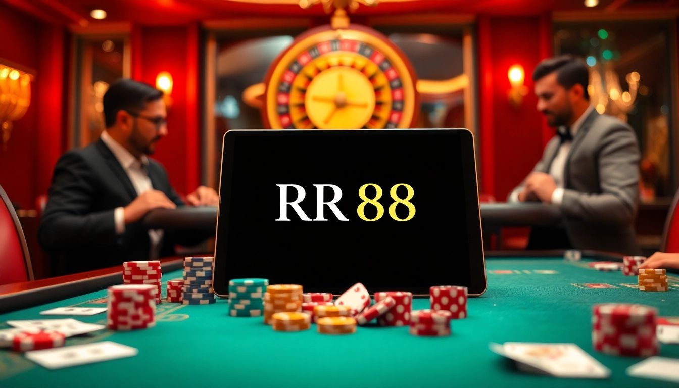 Experience high-stakes gaming with RR 88 at a luxurious casino table, featuring betting chips and cards.