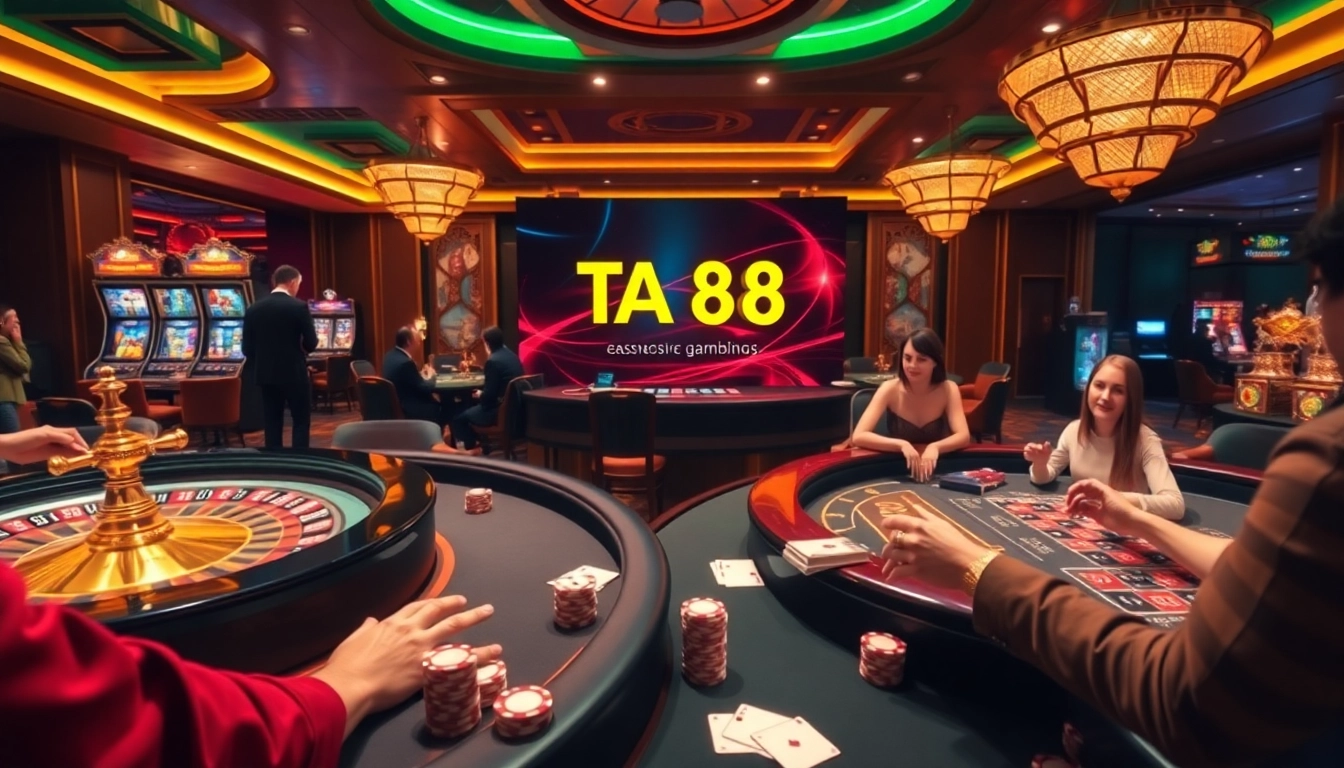 Experience the excitement of TA 88 as players engage in thrilling casino games amidst vibrant roulette tables.