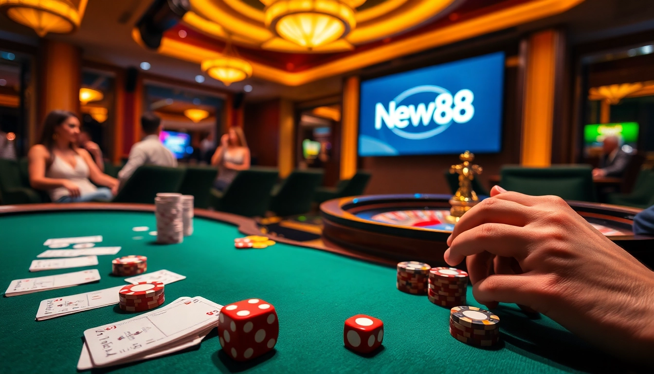 Experience thrilling casino action with New88 at https://vnew88.vip/ featuring poker tables, chips, and roulette.