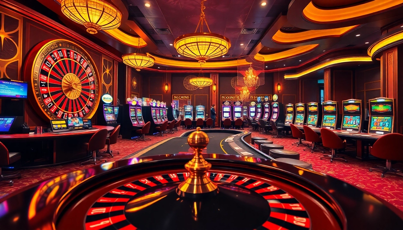 Engaging moment at Nhà cái 32Win casino, featuring vibrant slot machines and roulette wheel.
