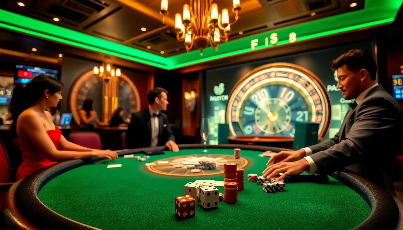 Experience the thrill of F168 with casino tables, poker chips, and vibrant gameplay atmosphere.