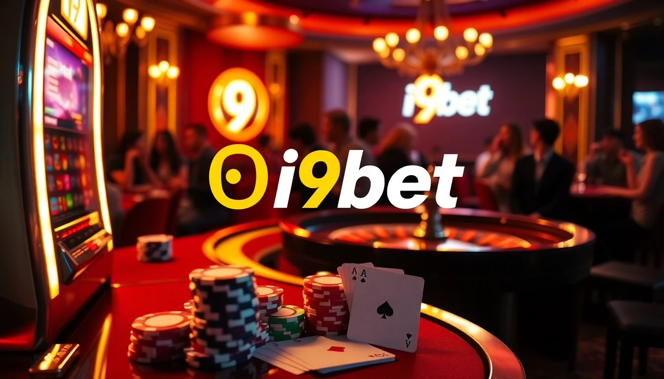 Engaging gamblers at the roulette table featuring the i9bet logo in a luxurious casino setting.
